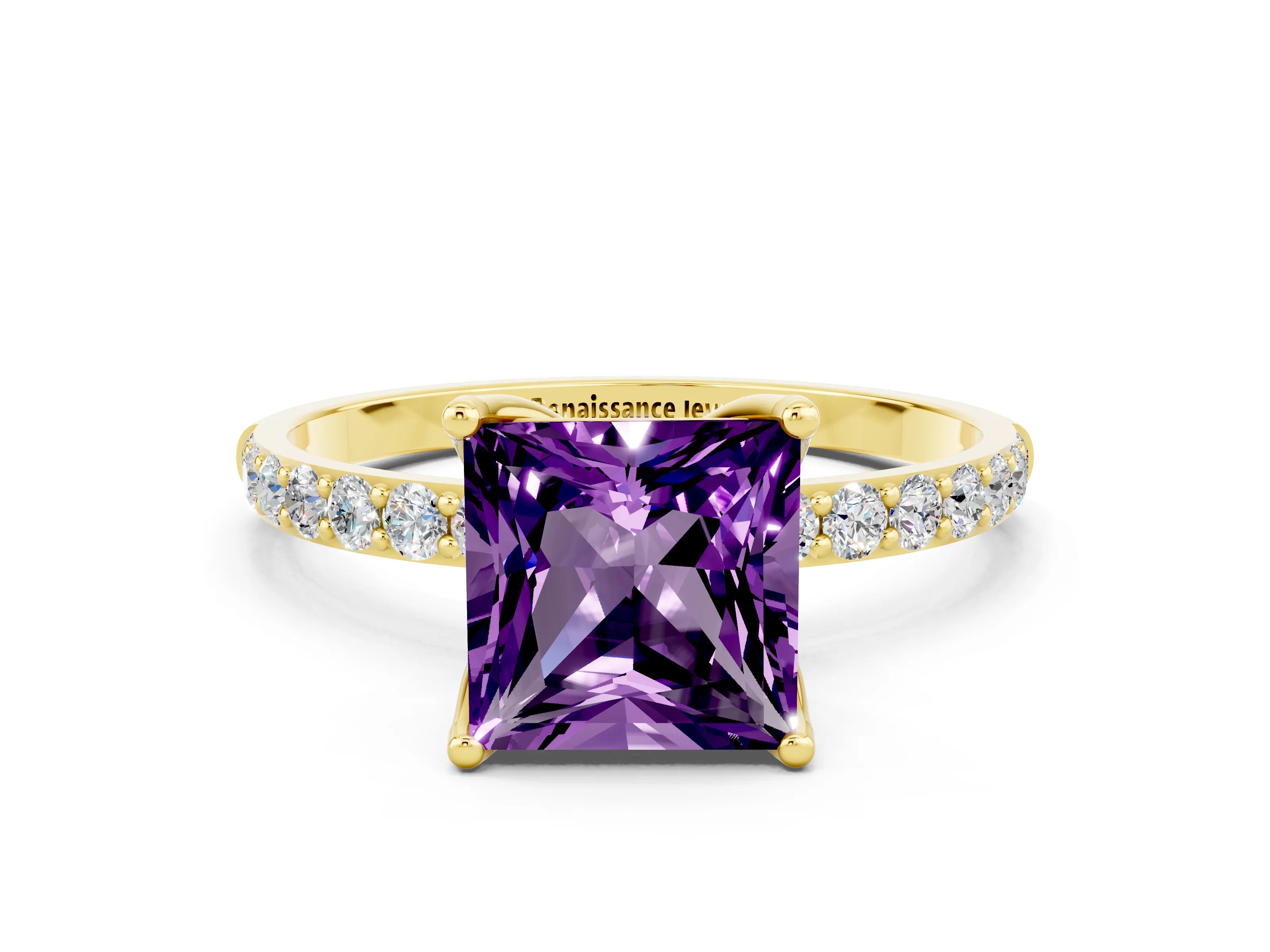 Yellow gold Princess Cut Amethyst Solitaire Engagement Ring with Pavé Band and Prong Setting