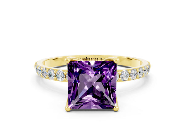 Yellow gold Princess Cut Amethyst Solitaire Engagement Ring with Round  Pavé Band and Prong Setting