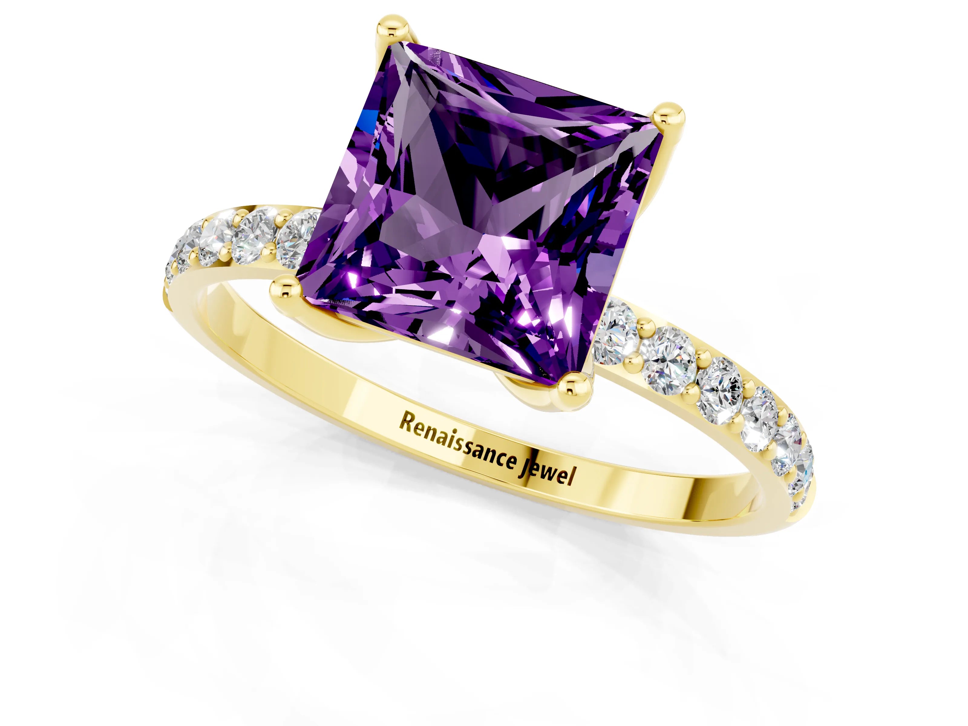 Yellow gold Princess Cut Amethyst Solitaire Engagement Ring with Pavé Band and Prong Setting_1