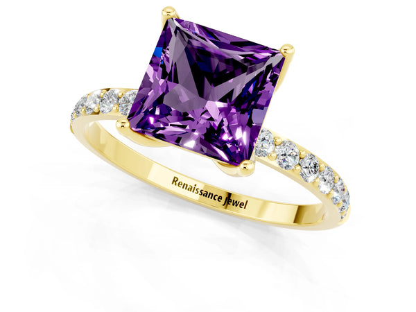 Yellow gold Princess Cut Amethyst Solitaire Engagement Ring with Round  Pavé Band and Prong Setting