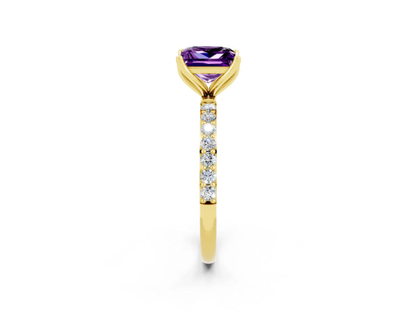 Yellow gold Princess Cut Amethyst Solitaire Engagement Ring with Round  Pavé Band and Prong Setting