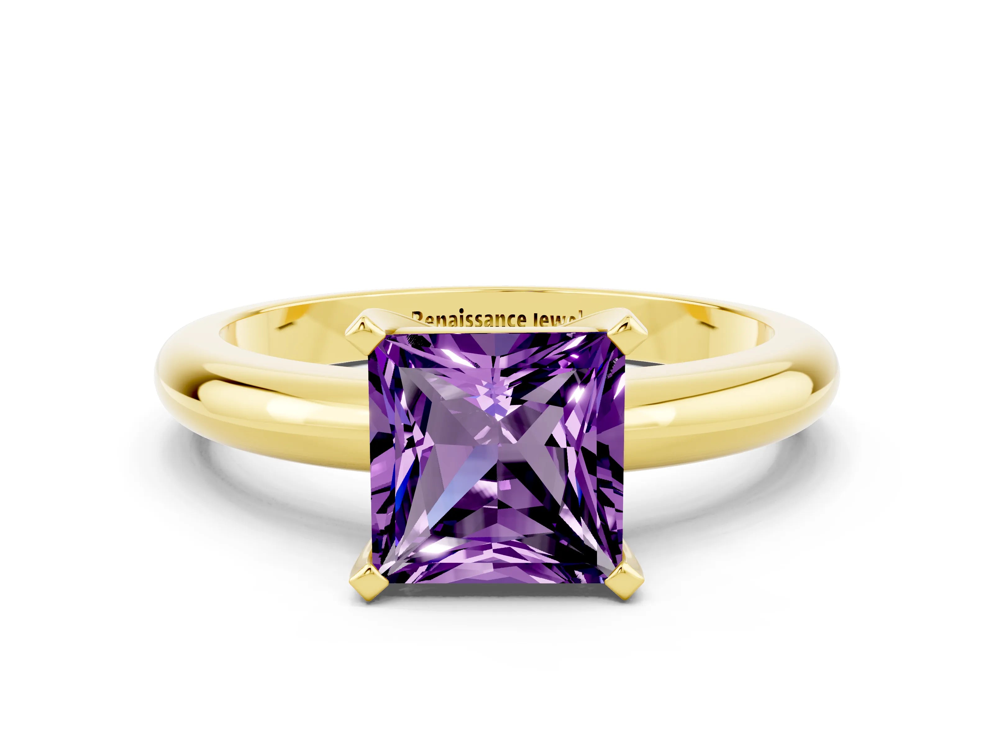 Yellow gold Princess Cut Amethyst Solitaire Engagement Ring with Round Band and Four-Prong Setting