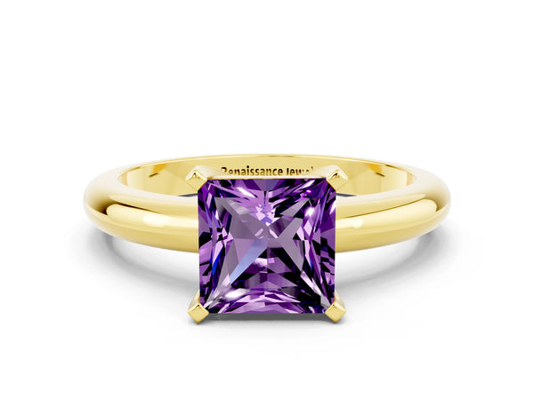 Yellow gold Princess Cut Amethyst Solitaire Engagement Ring with Round Band and Four-Prong Setting