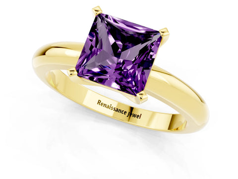 Yellow gold Princess Cut Amethyst Solitaire Engagement Ring with Round Band and Four-Prong Setting_1
