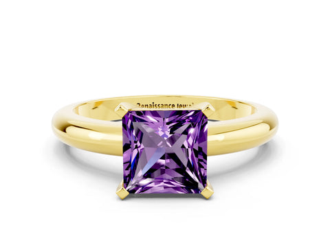 Yellow gold Princess Cut Amethyst Solitaire Engagement Ring with Round Band and Four-Prong Setting