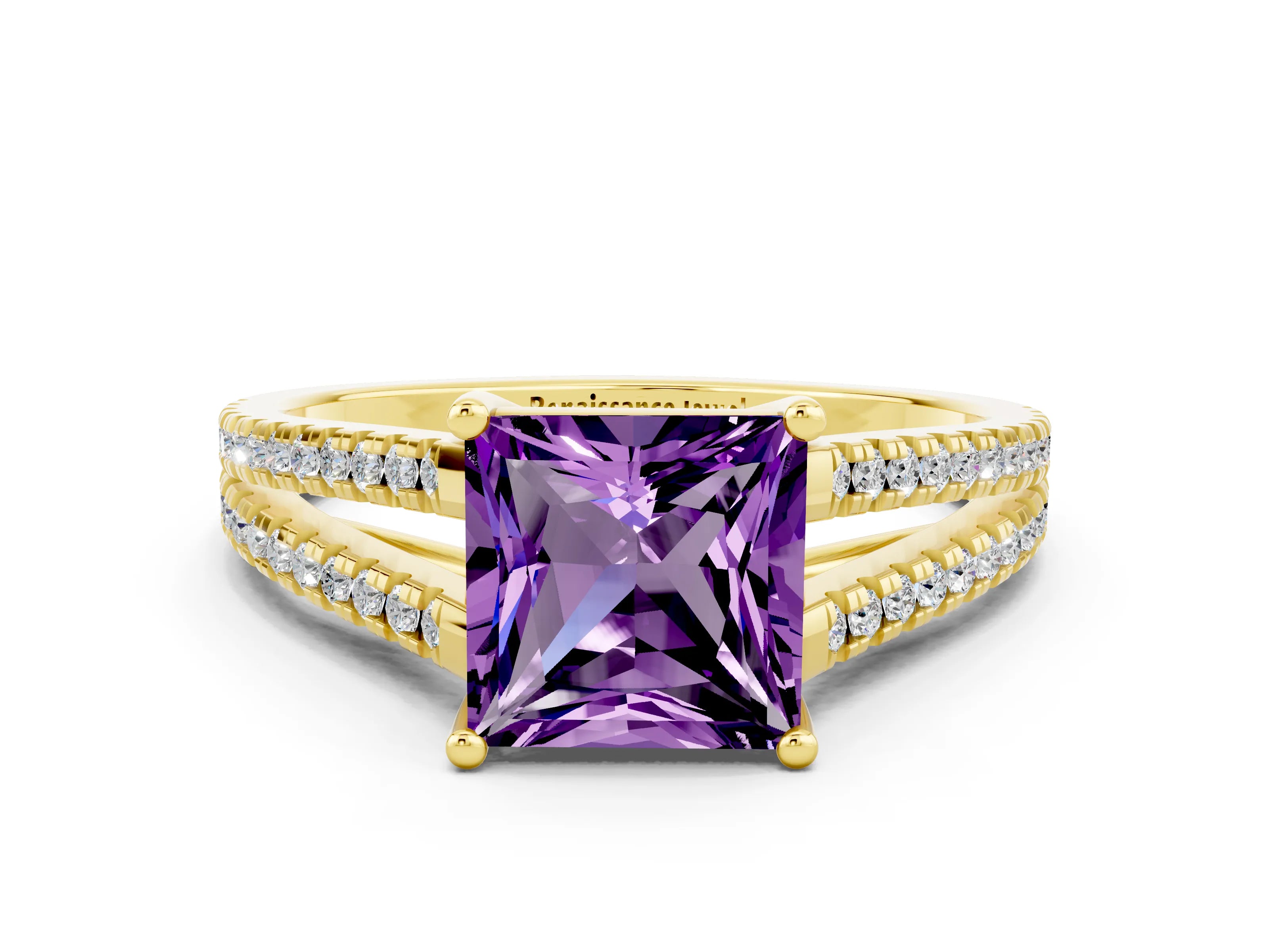 Yellow gold Princess Cut Amethyst Solitaire Engagement Ring with Split Shank Pavé Band