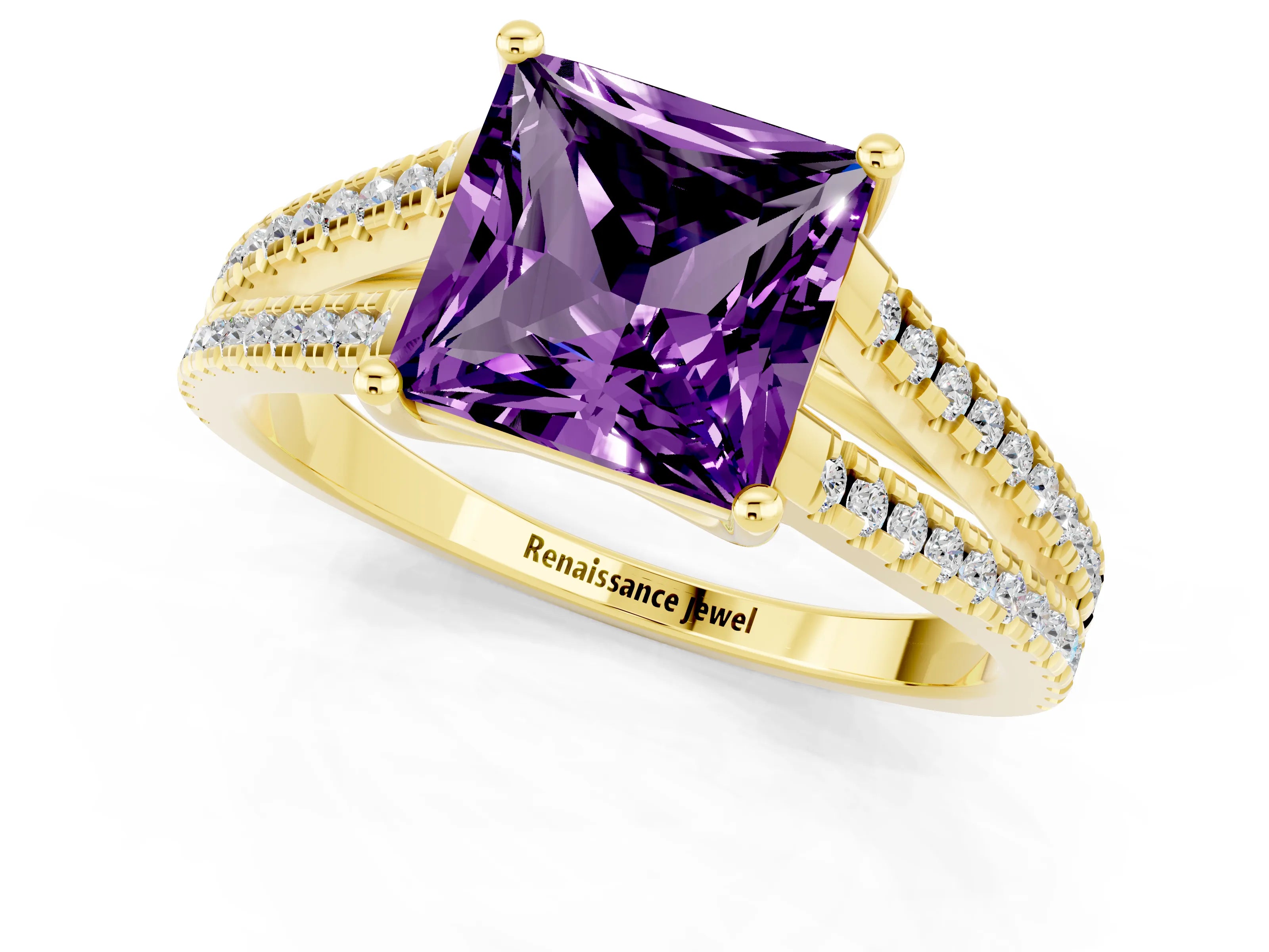 Yellow gold Princess Cut Amethyst Solitaire Engagement Ring with Split Shank Pavé Band_1
