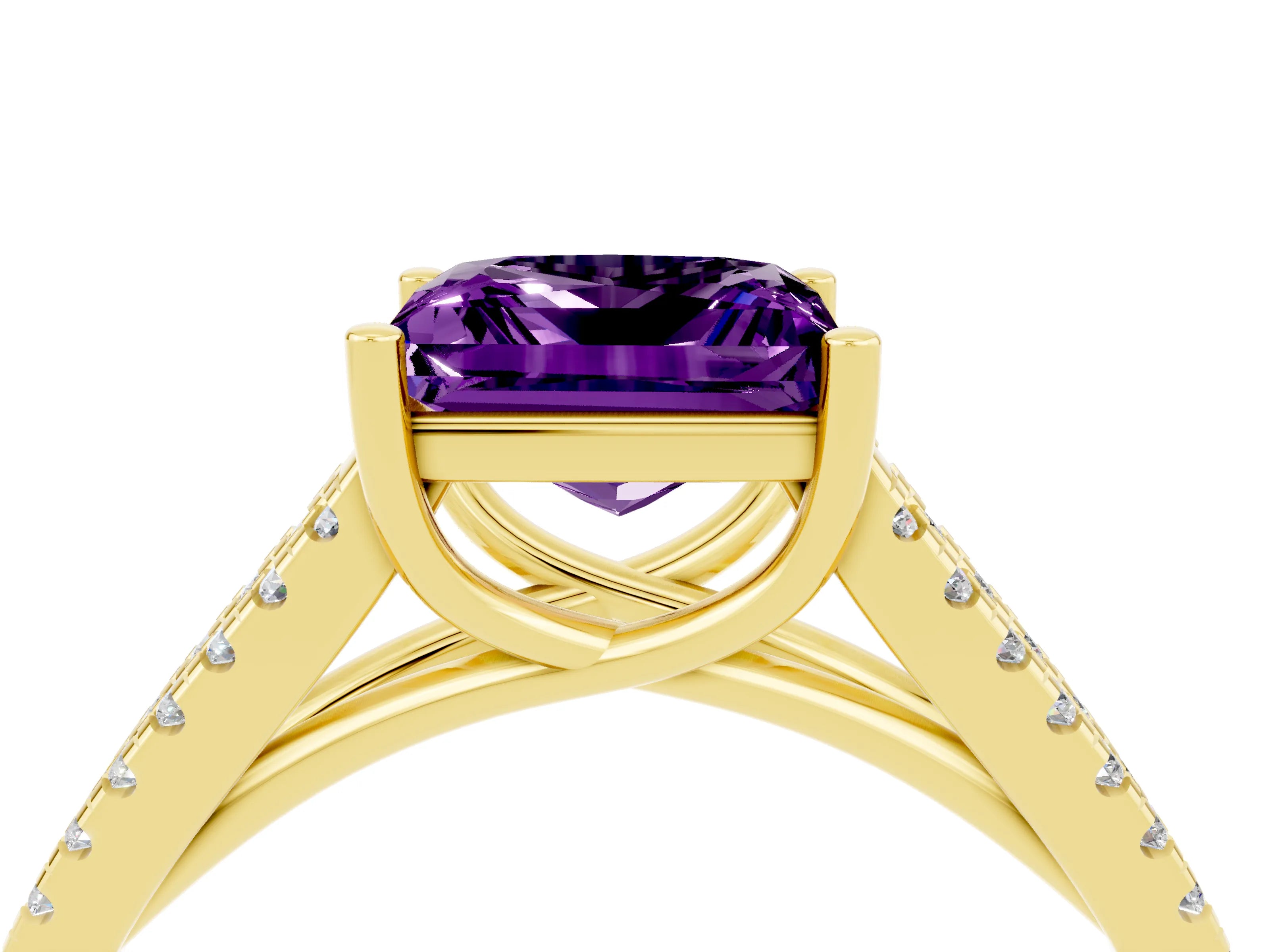 Yellow gold Princess Cut Amethyst Solitaire Engagement Ring with Split Shank Pavé Band_4