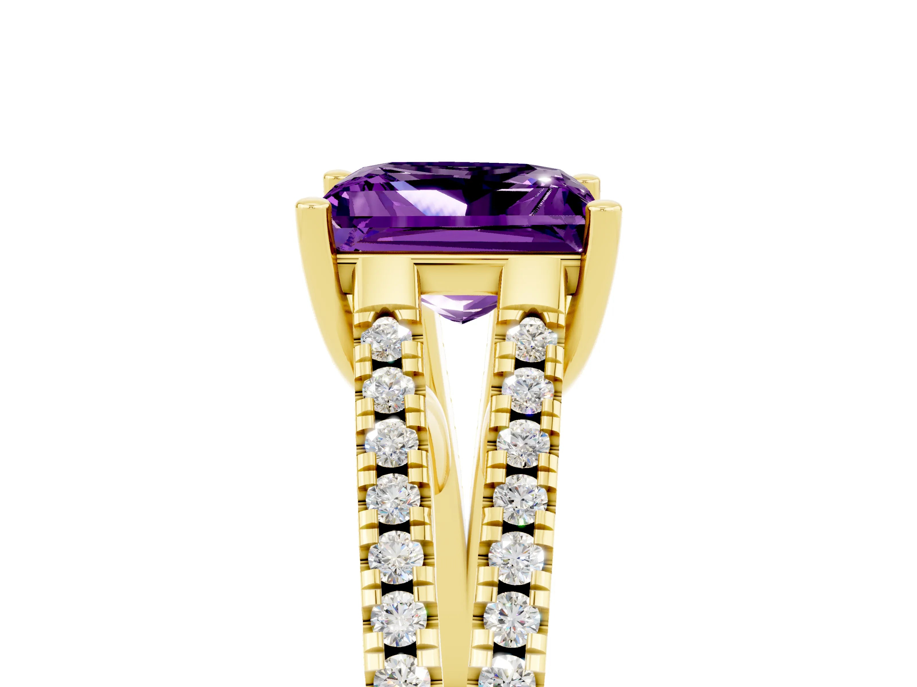 Yellow gold Princess Cut Amethyst Solitaire Engagement Ring with Split Shank Pavé Band_5