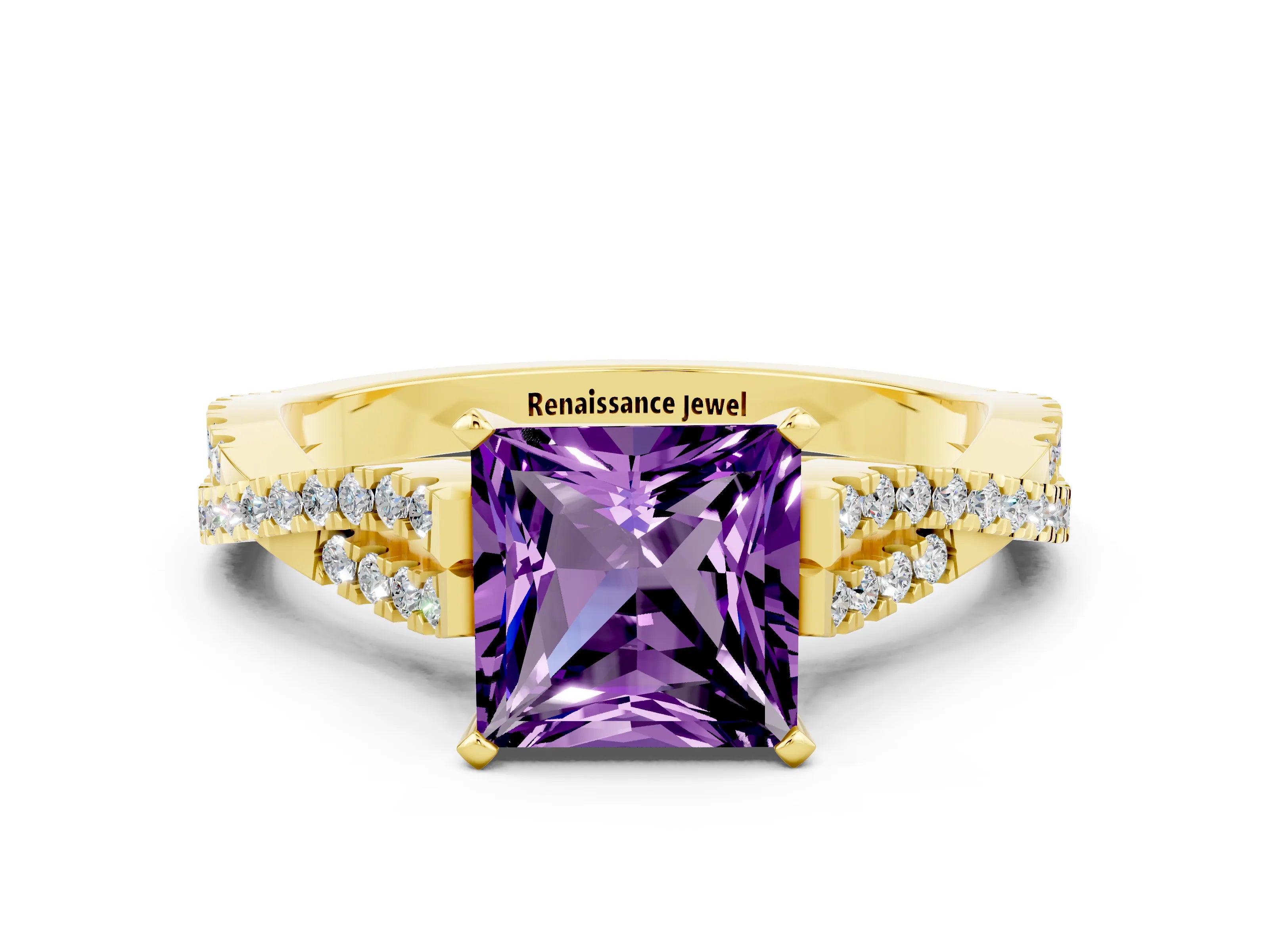 Yellow gold Princess Cut Amethyst Solitaire Engagement Ring with Twisted Pavé Band and Four-Prong Setting_12