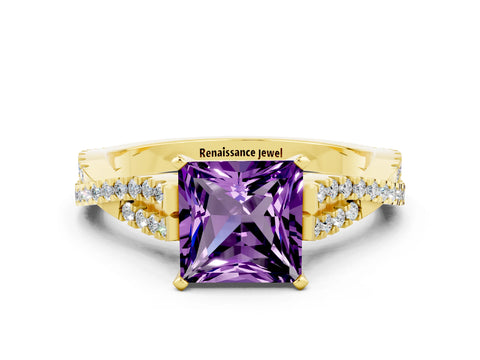 Yellow gold Princess Cut Amethyst Solitaire Engagement Ring with Twisted Pavé Band and Four-Prong Setting_12