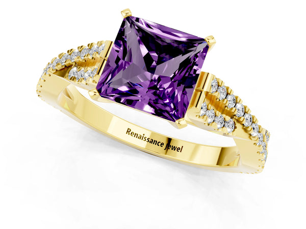 Yellow gold Princess Cut Amethyst Solitaire Engagement Ring with Twisted Pavé Band and Four-Prong Setting