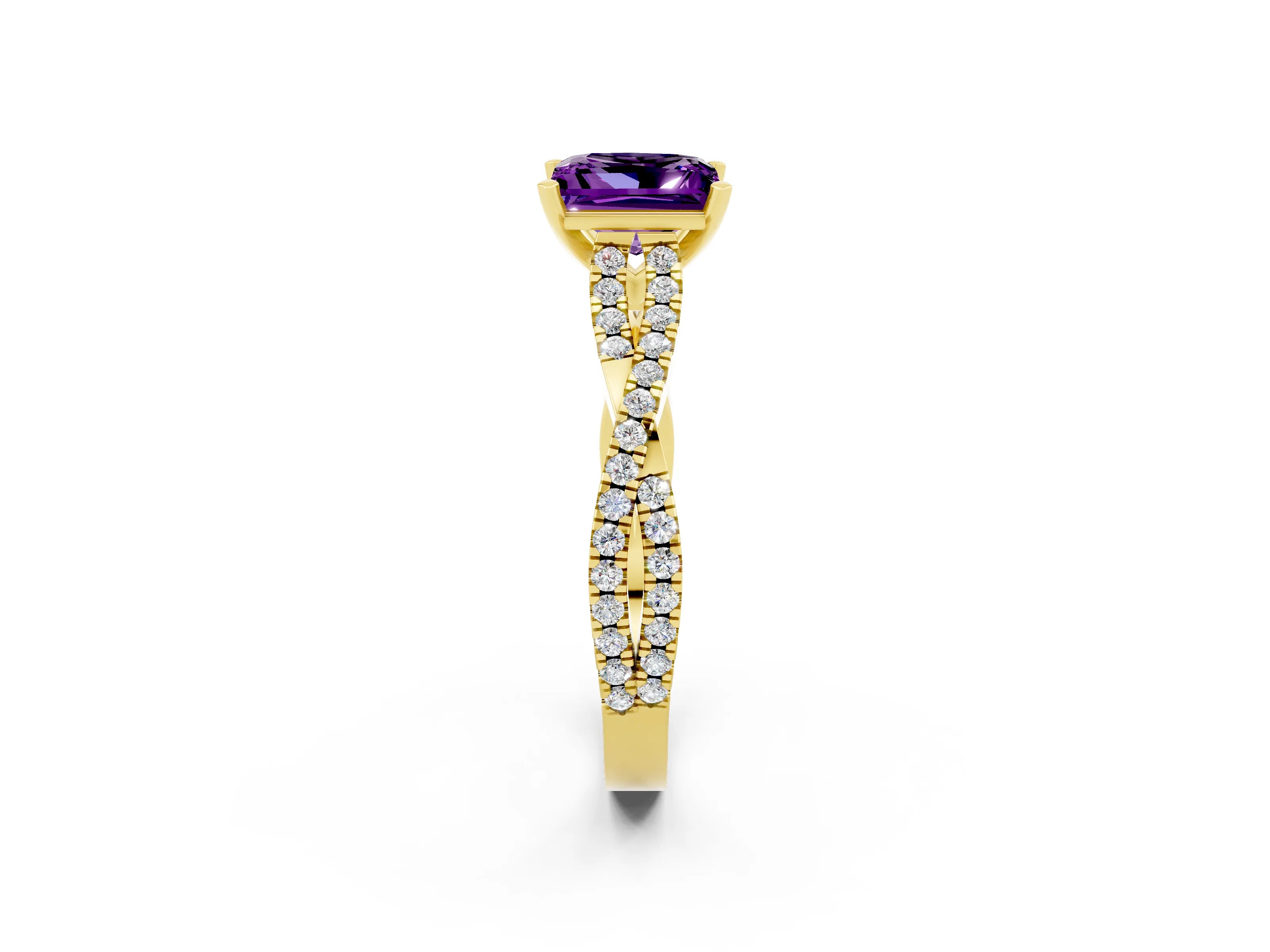 Yellow gold Princess Cut Amethyst Solitaire Engagement Ring with Twisted Pavé Band and Four-Prong Setting_14