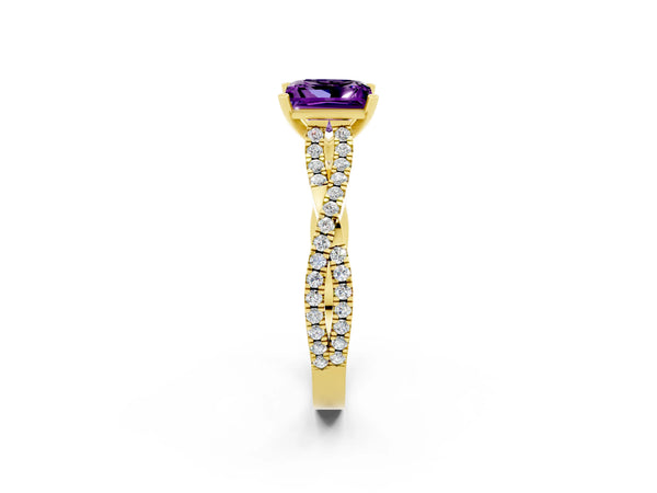 Yellow gold Princess Cut Amethyst Solitaire Engagement Ring with Twisted Pavé Band and Four-Prong Setting