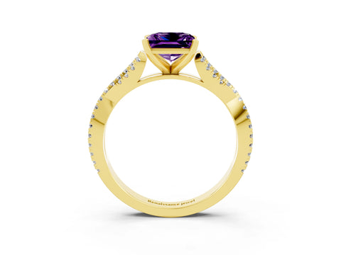 Yellow gold Princess Cut Amethyst Solitaire Engagement Ring with Twisted Pavé Band and Four-Prong Setting_15