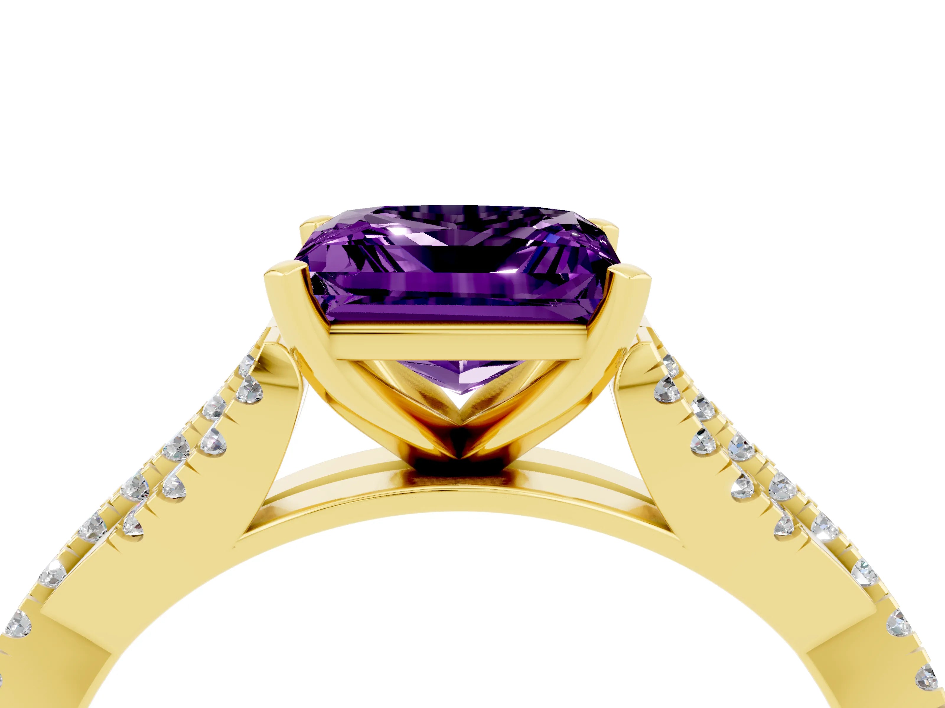 Yellow gold Princess Cut Amethyst Solitaire Engagement Ring with Twisted Pavé Band and Four-Prong Setting_16