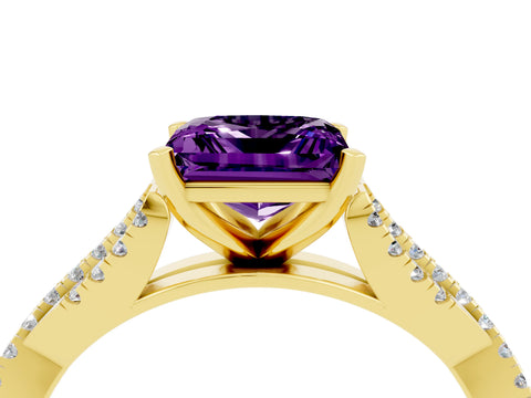 Yellow gold Princess Cut Amethyst Solitaire Engagement Ring with Twisted Pavé Band and Four-Prong Setting_16