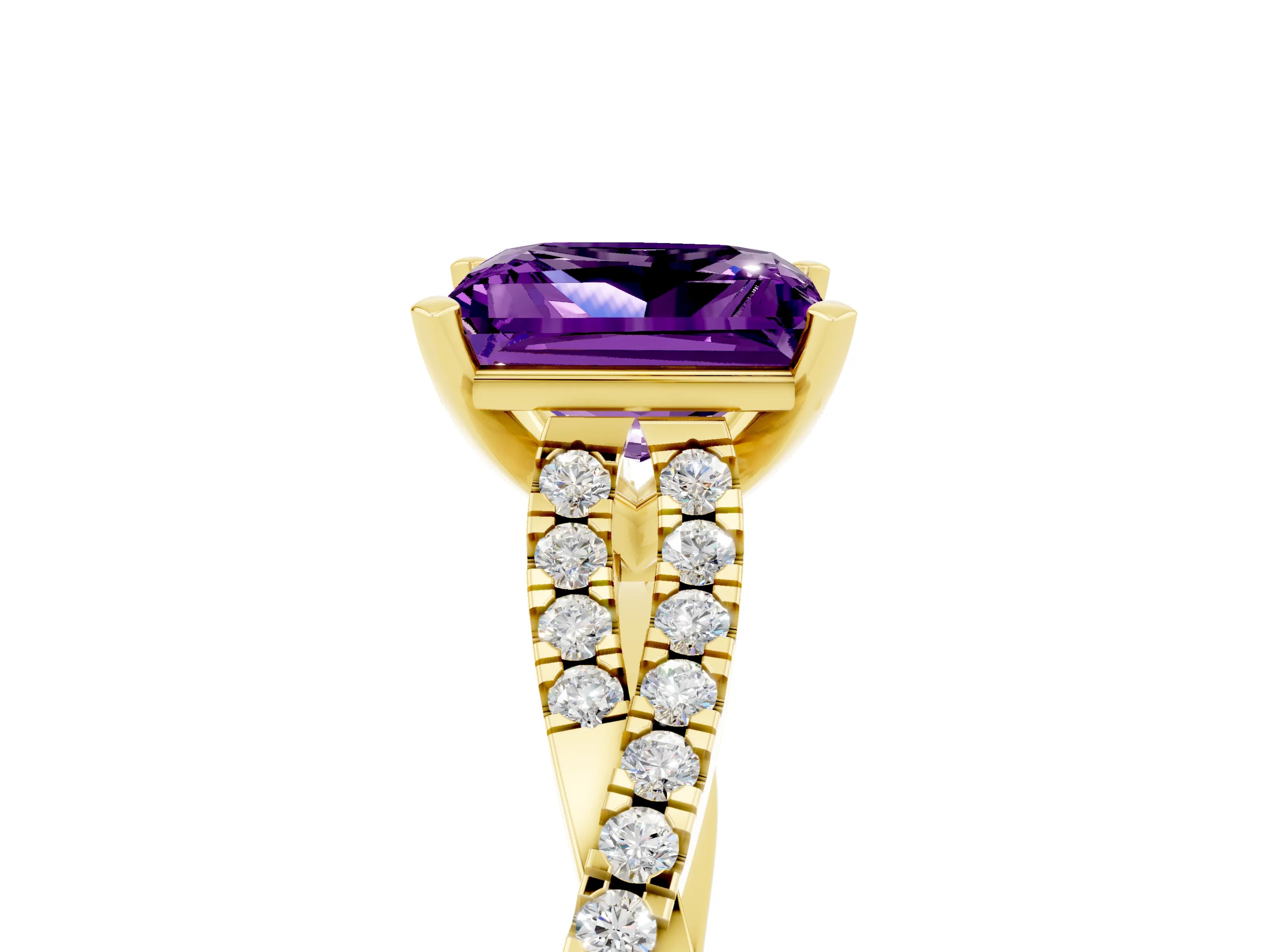 Yellow gold Princess Cut Amethyst Solitaire Engagement Ring with Twisted Pavé Band and Four-Prong Setting_17