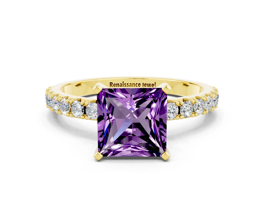 Yellow gold Princess Cut Amethyst Solitaire Pavé Band with Four-Prong Setting