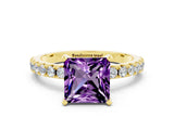 Yellow gold Princess Cut Amethyst Solitaire Pavé Band with Four-Prong Setting