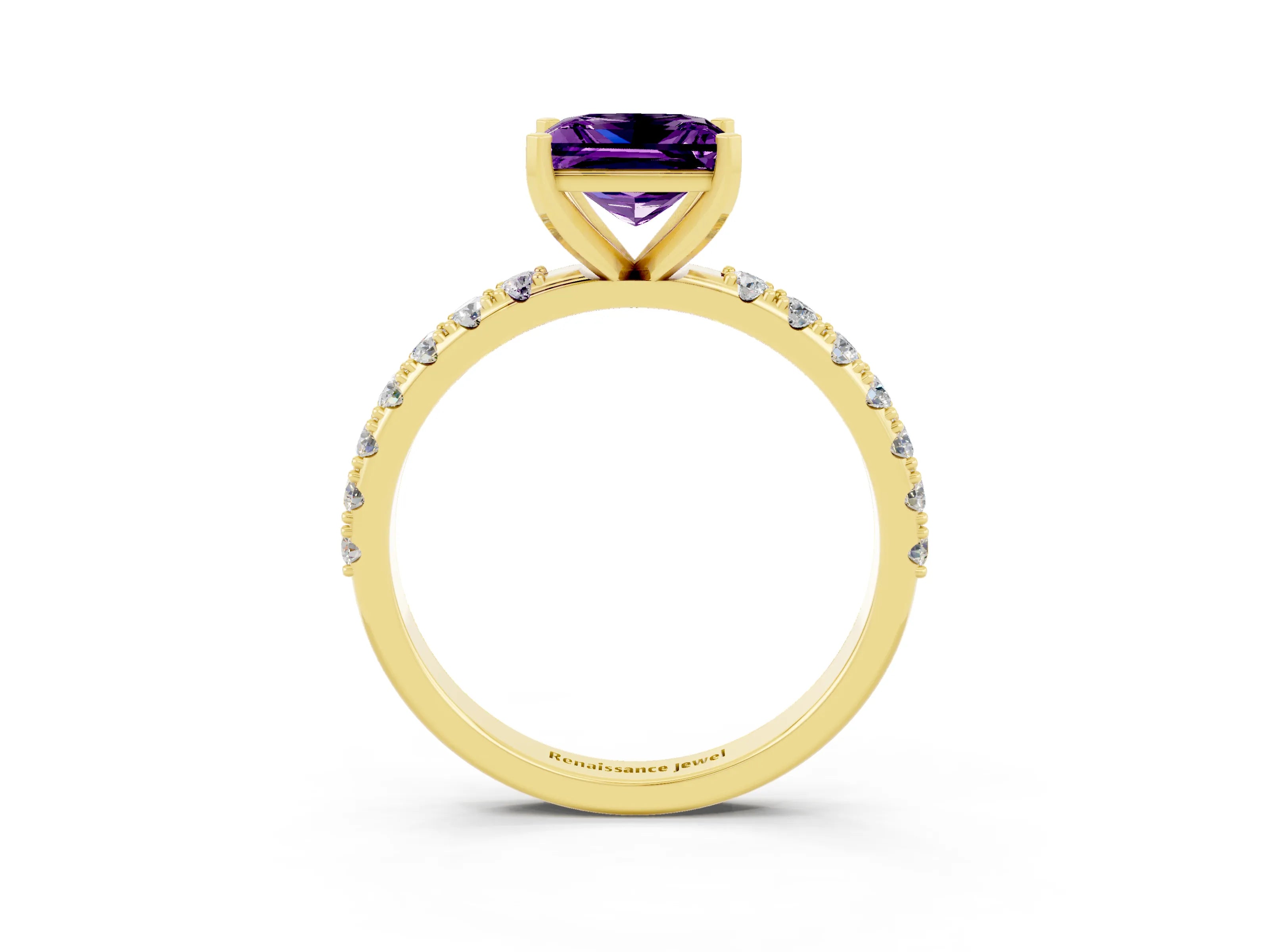 Yellow gold Princess Cut Amethyst Solitaire Pavé Band with Four-Prong Setting_3