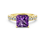 Yellow gold Princess Cut Amethyst Solitaire Pavé Engagement Ring with Round Band and Prong Setting_12