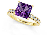 Yellow gold Princess Cut Amethyst Solitaire Pavé Engagement Ring with Round Band and Prong Setting_68