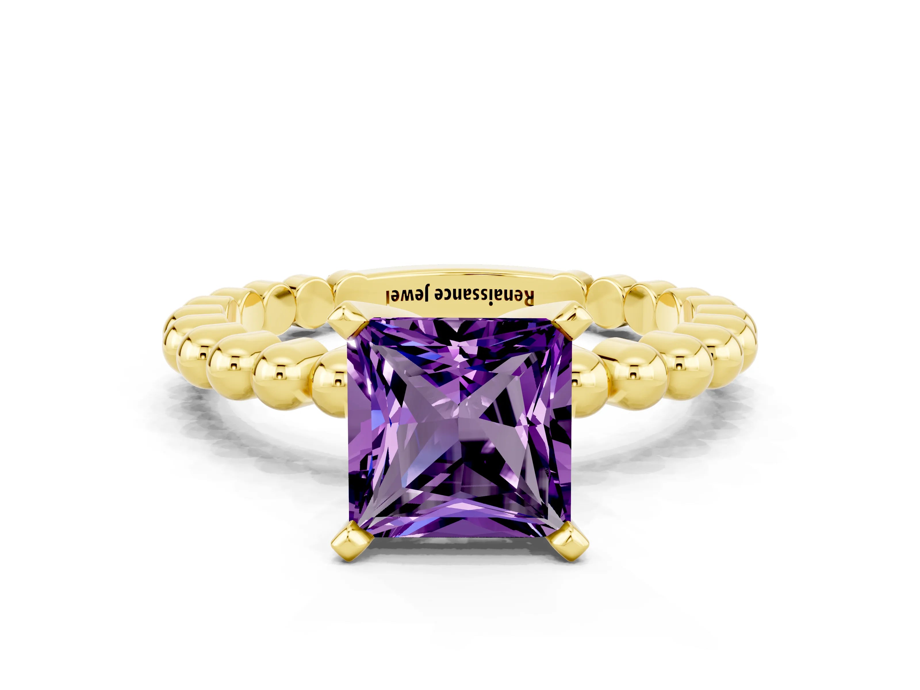 Yellow gold Princess Cut Amethyst Solitaire Ring with Beaded Band and Prong Setting