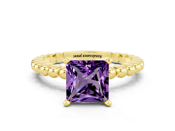 Yellow gold Princess Cut Amethyst Solitaire Ring with Beaded Band and Prong Setting