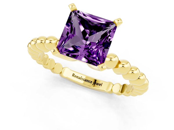 Yellow gold Princess Cut Amethyst Solitaire Ring with Beaded Band and Prong Setting