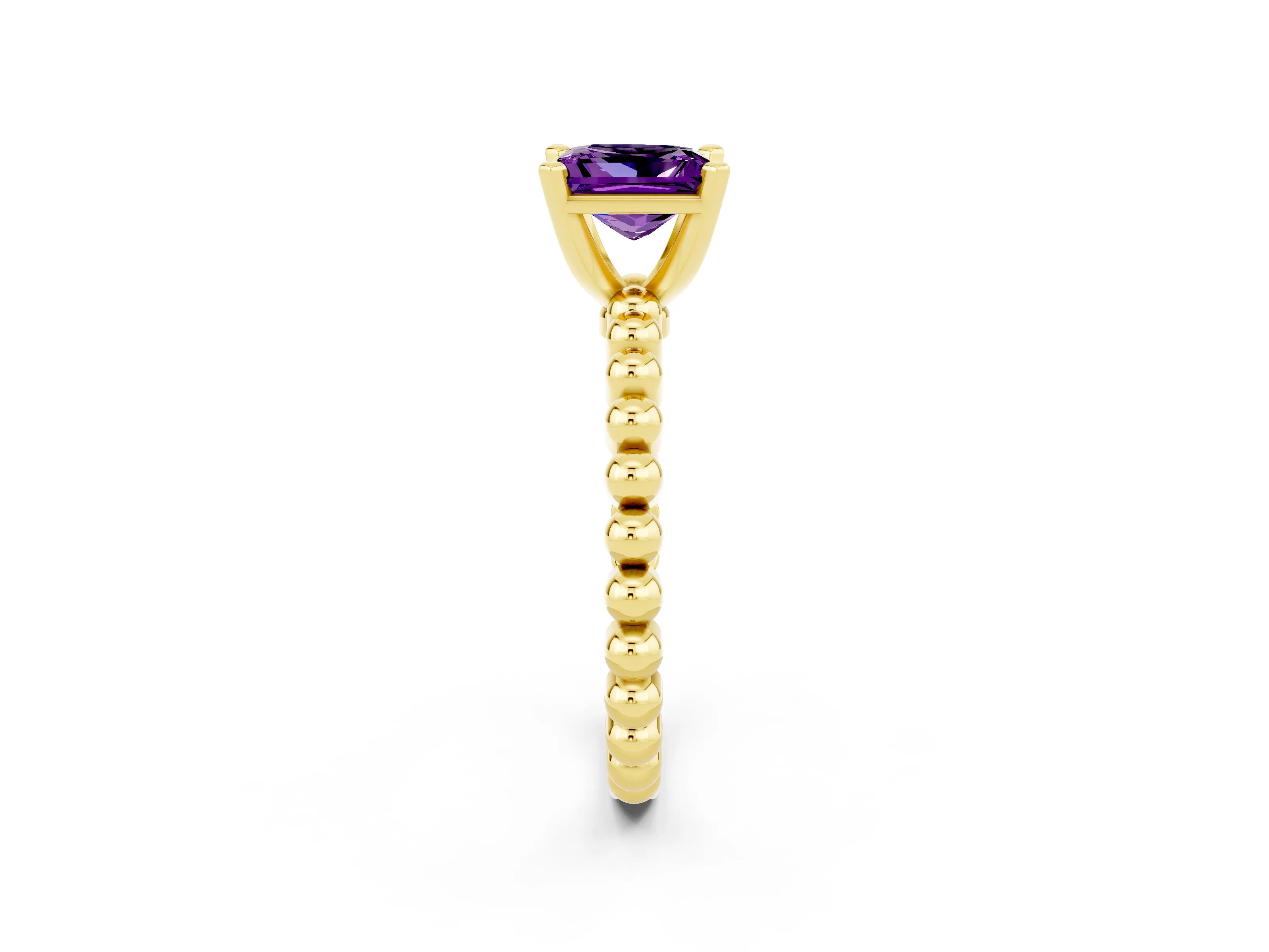 Yellow gold Princess Cut Amethyst Solitaire Ring with Beaded Band and Prong Setting_2