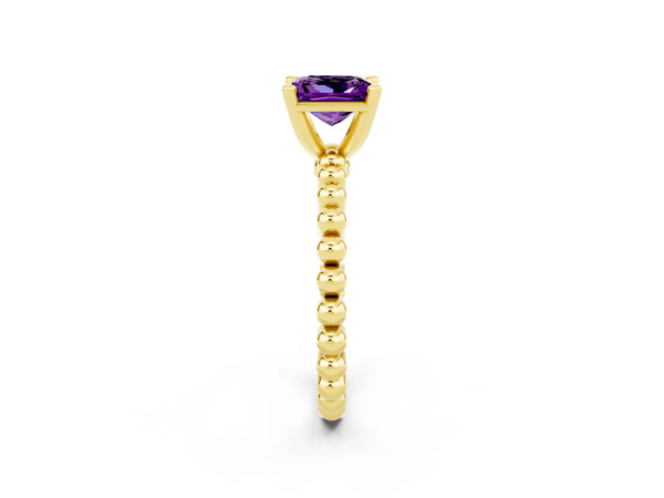 Yellow gold Princess Cut Amethyst Solitaire Ring with Beaded Band and Prong Setting