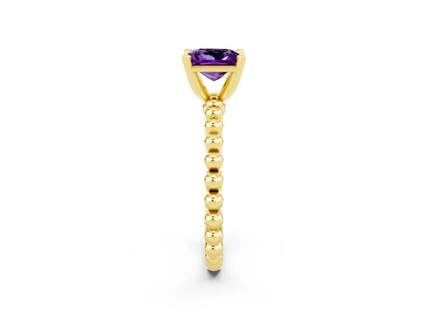 Yellow gold Princess Cut Amethyst Solitaire Ring with Beaded Band and Prong Setting_2