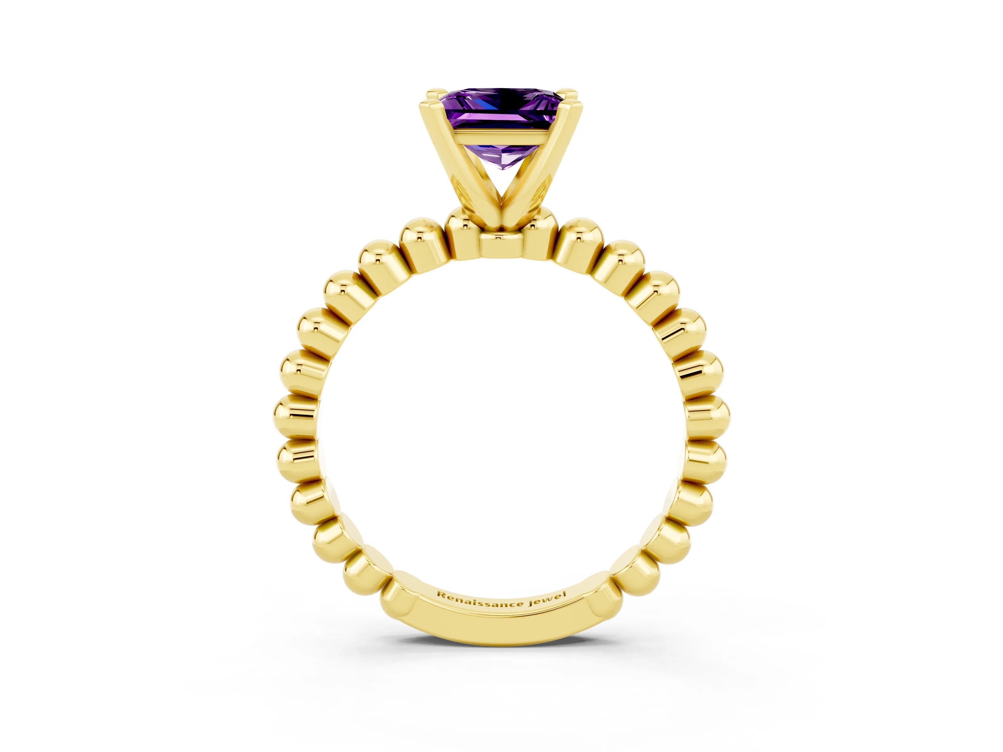 Yellow gold Princess Cut Amethyst Solitaire Ring with Beaded Band and Prong Setting_3