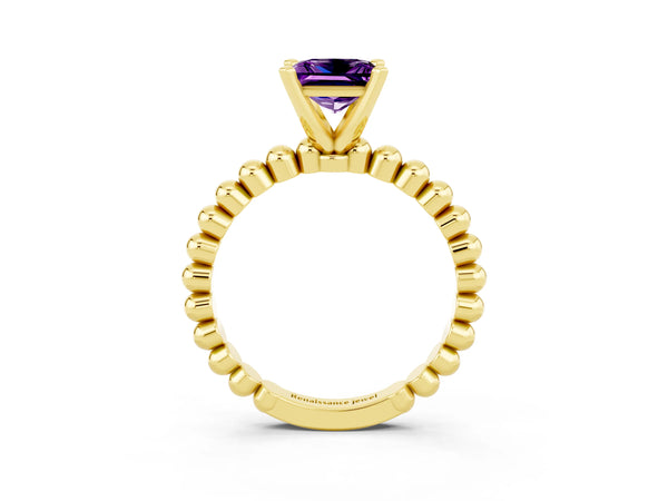 Yellow gold Princess Cut Amethyst Solitaire Ring with Beaded Band and Prong Setting