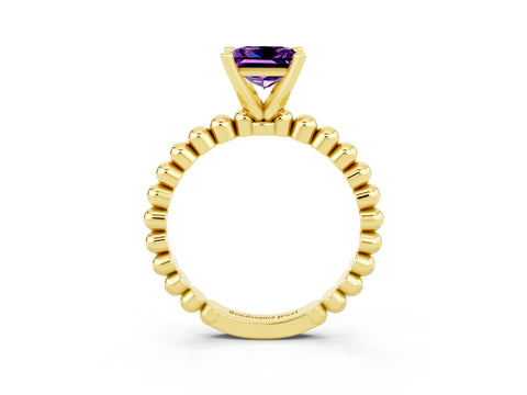 Yellow gold Princess Cut Amethyst Solitaire Ring with Beaded Band and Prong Setting_3