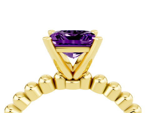 Yellow gold Princess Cut Amethyst Solitaire Ring with Beaded Band and Prong Setting_4