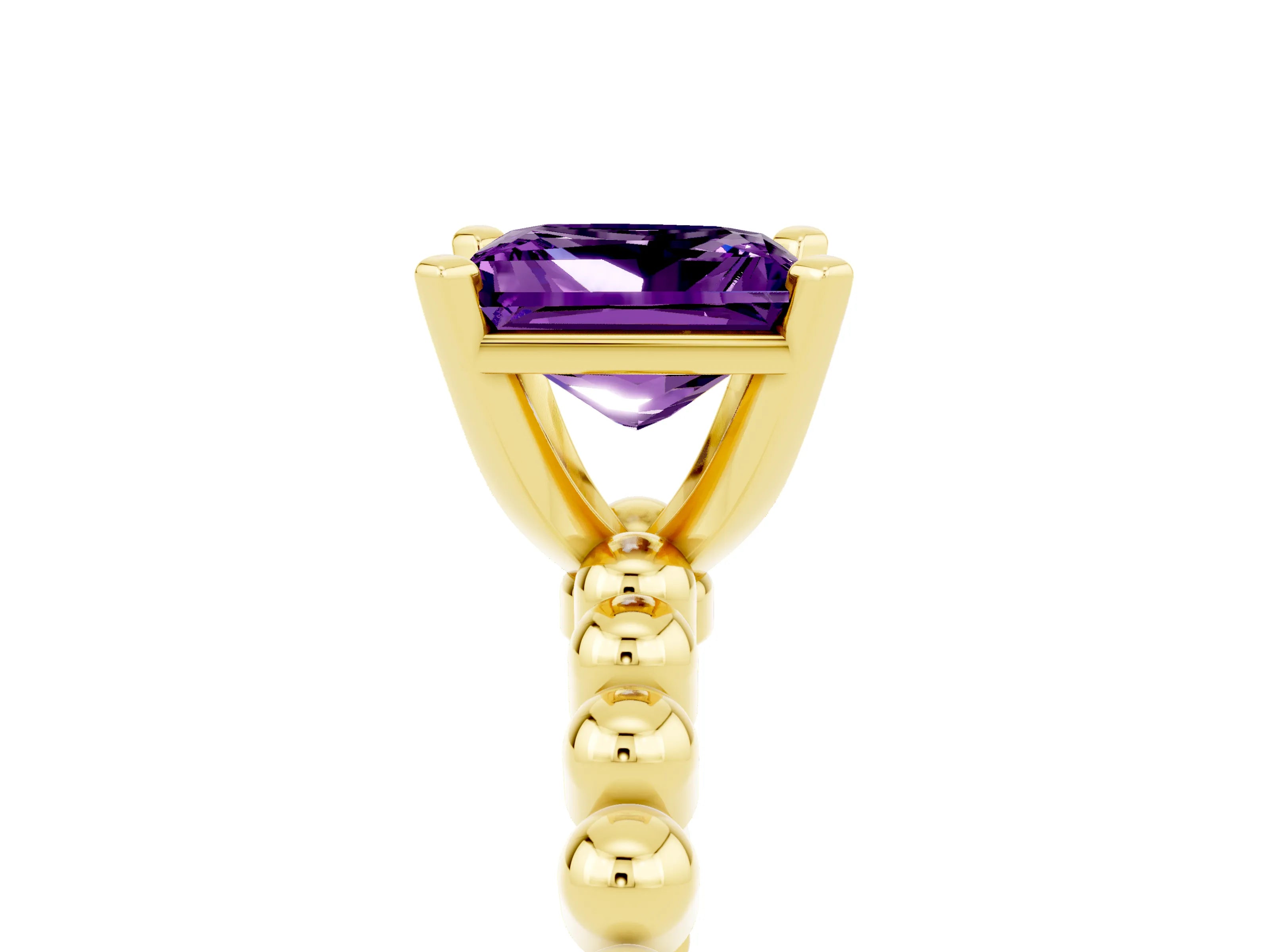 Yellow gold Princess Cut Amethyst Solitaire Ring with Beaded Band and Prong Setting_5