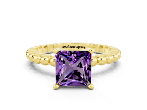 Yellow gold Princess Cut Amethyst Solitaire Ring with Beaded Band and Prong Setting