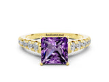 Yellow gold Princess Cut Amethyst Solitaire Ring with Cathedral Setting and Pavé Band