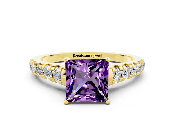 Yellow gold Princess Cut Amethyst Cathedral Solitaire Ring with Round  Pavé Band