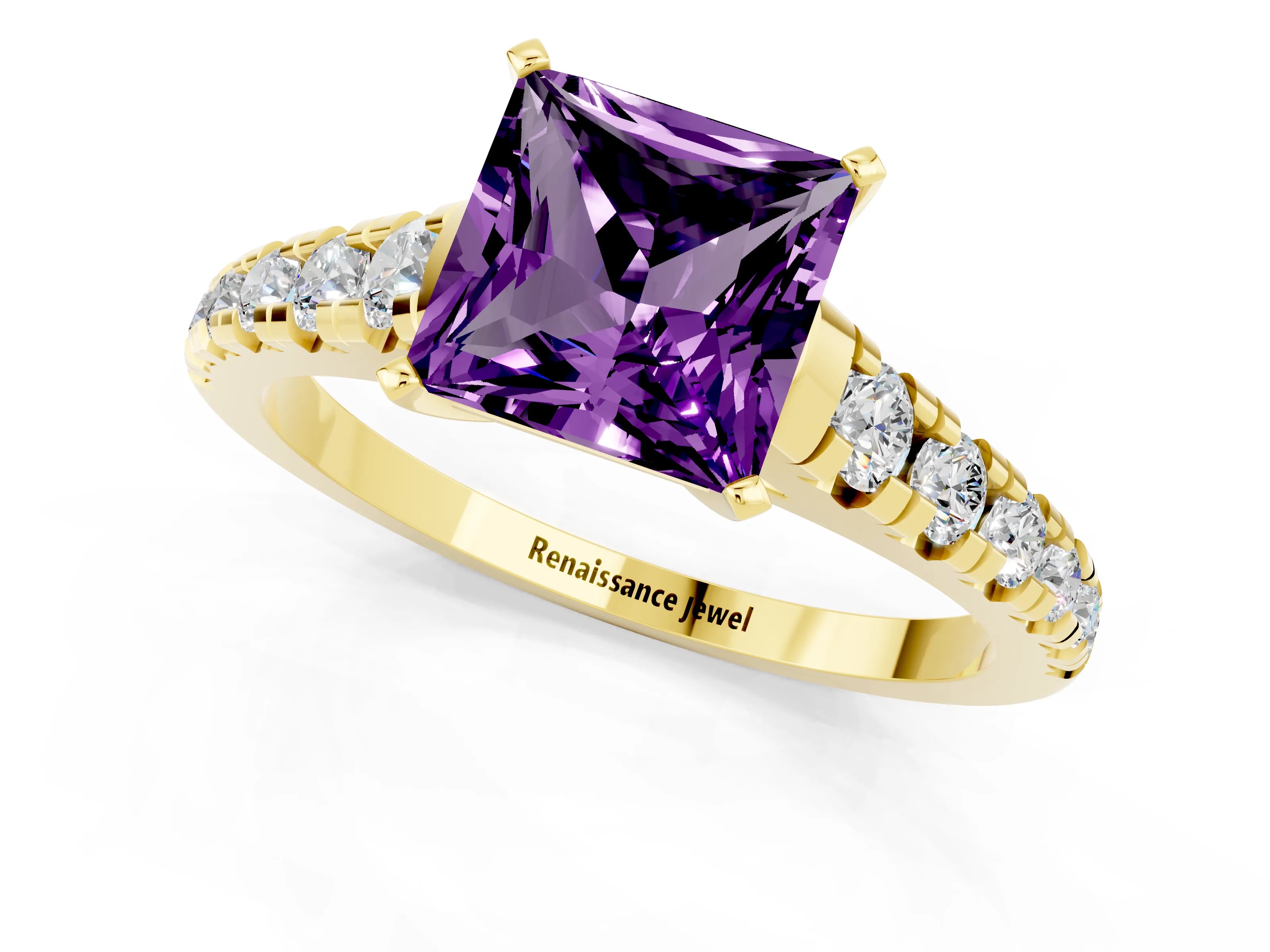 Yellow gold Princess Cut Amethyst Solitaire Ring with Cathedral Setting and Pavé Band_1