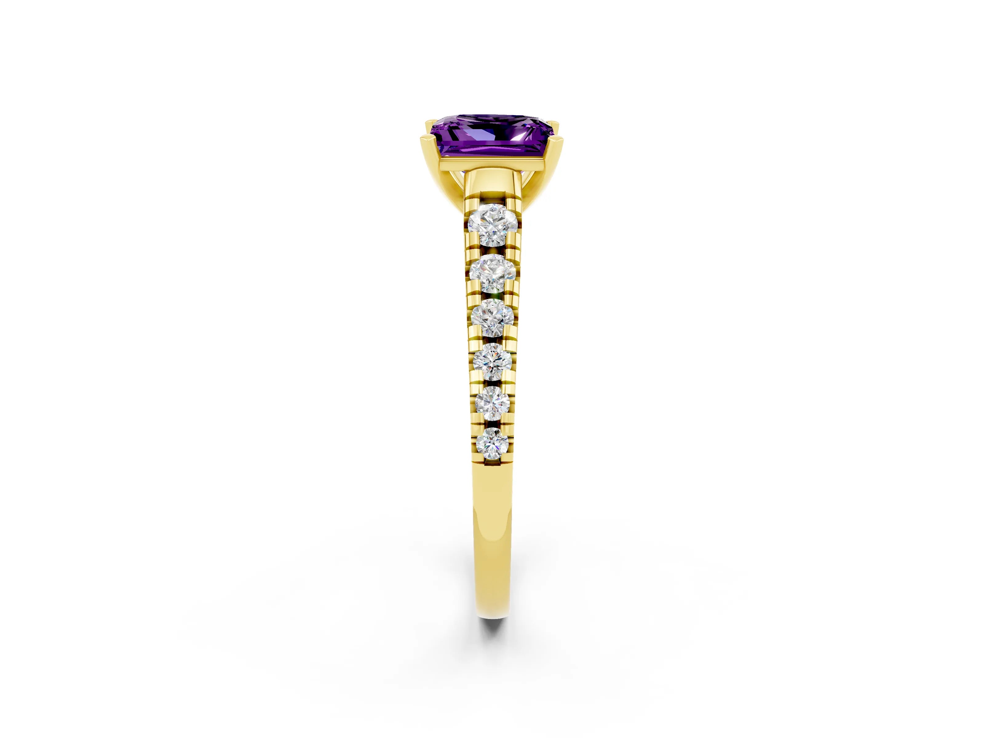 Yellow gold Princess Cut Amethyst Solitaire Ring with Cathedral Setting and Pavé Band_2