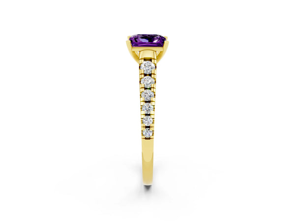Yellow gold Princess Cut Amethyst Cathedral Solitaire Ring with Round  Pavé Band