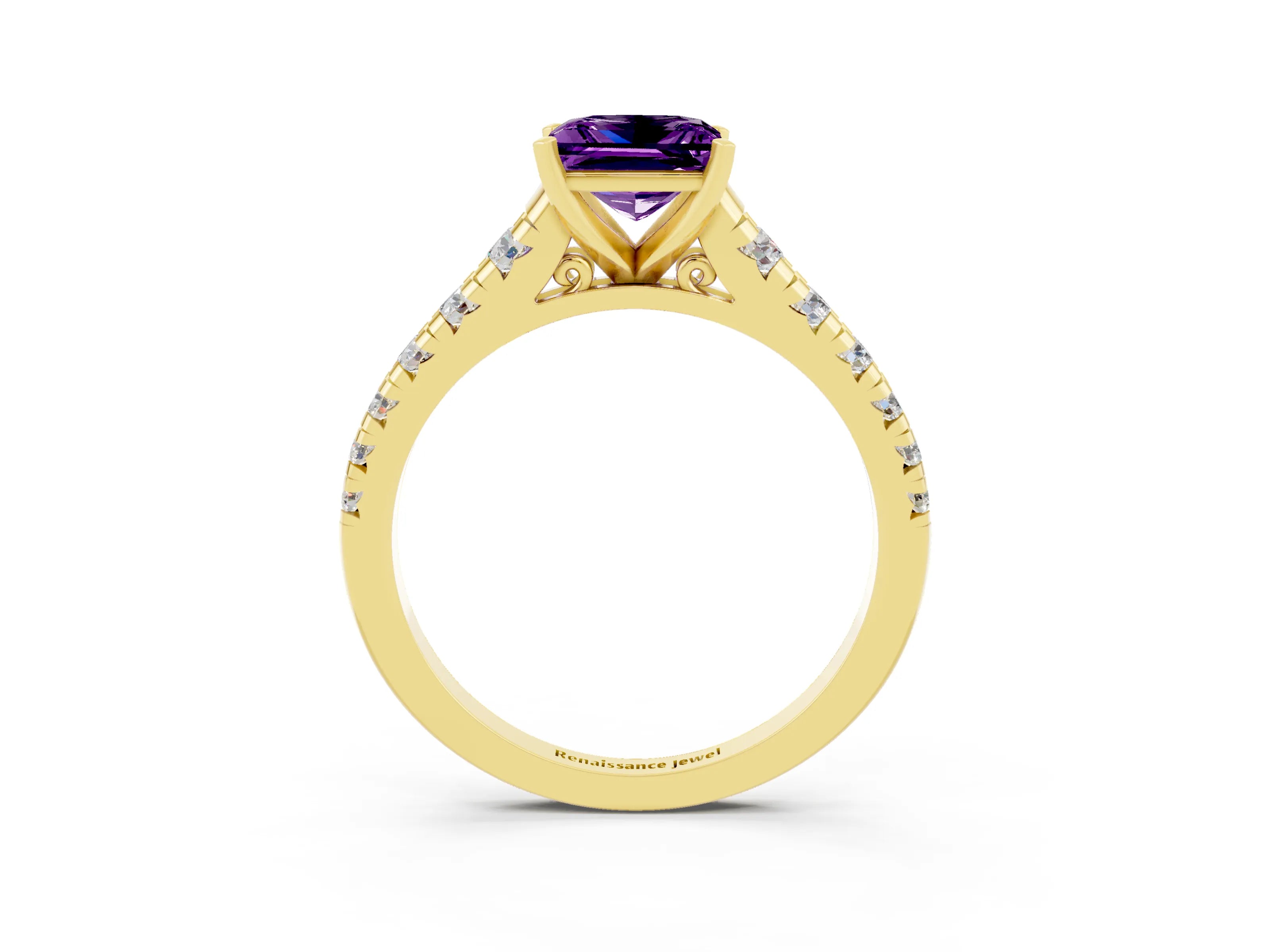 Yellow gold Princess Cut Amethyst Solitaire Ring with Cathedral Setting and Pavé Band_3