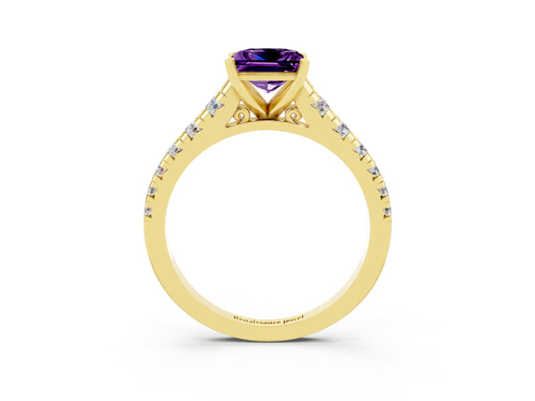 Yellow gold Princess Cut Amethyst Cathedral Solitaire Ring with Round  Pavé Band