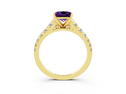 Yellow gold Princess Cut Amethyst Solitaire Ring with Cathedral Setting and Pavé Band_3