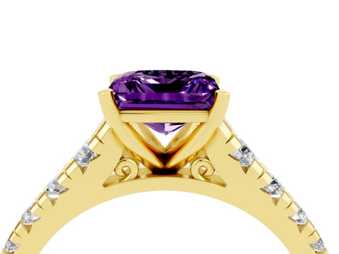 Yellow gold Princess Cut Amethyst Solitaire Ring with Cathedral Setting and Pavé Band_4