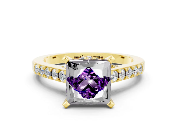 Yellow gold Princess Cut Amethyst Solitaire Ring with Crossover Gallery and Round  Pavé Band