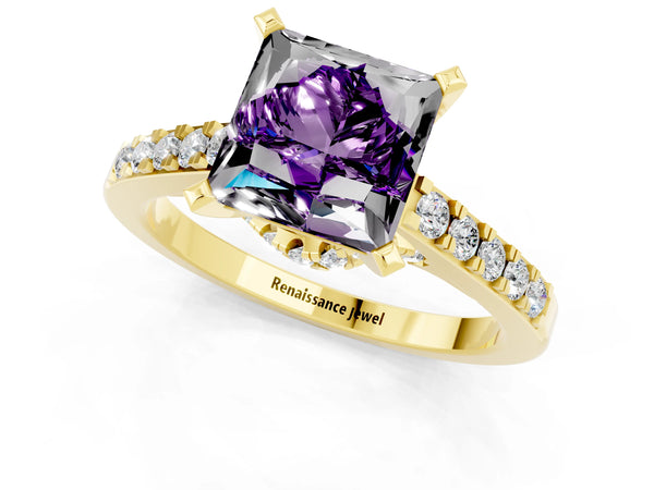 Yellow gold Princess Cut Amethyst Solitaire Ring with Crossover Gallery and Round  Pavé Band